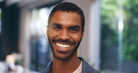 Man, happiness and portrait with confidence, good mood or positive mindset with pride in home....