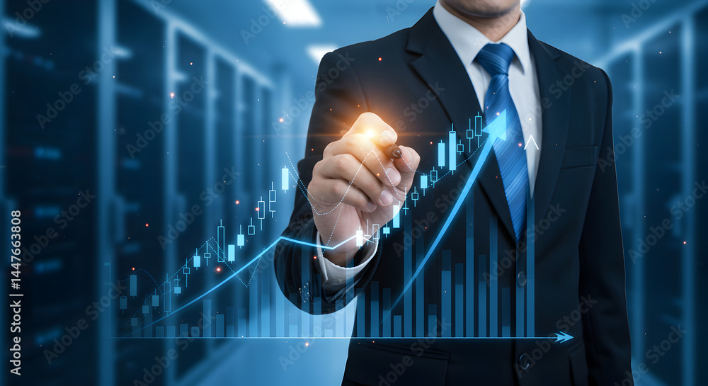 Poster man in black suit drawing ascending chart in data server room with blue light graph symbolizing comp