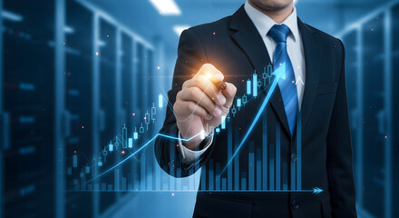 Man in Black Suit Drawing Ascending Chart in Data Server Room with Blue Light Graph Symbolizing Company Growth
