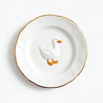 eking duck carved on porcelain plate, gold accents, pure white background
