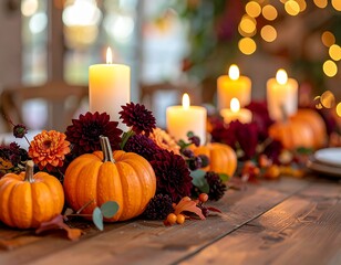 fall wedding table decor with pumpkins, candles, and burgundy flowers