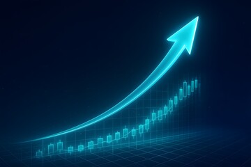 Digital glowing upward trend arrow alongside financial candlestick chart, modern visualization of successful investment strategies, futuristic business growth concept.