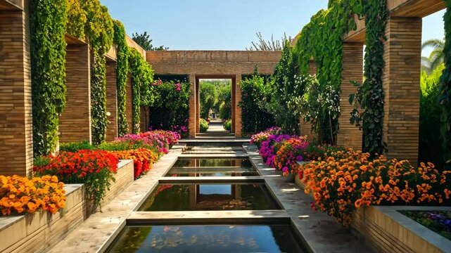 Artistic concept of the Hanging Gardens of Babylon, second wonder of the ancient world, featuring colorful flowers, ivy-covered walls and serene water reflections. 4K video
