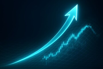 Futuristic glowing neon arrow indicating financial market growth, upward economic trend visualization, modern business success and investment concept illustration.