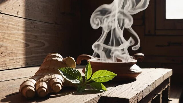 Flat lay combining Ayurvedic and modern wellness items including essential oils glass bottles ceramic diffuser and herbal trays on stone surface in soft light