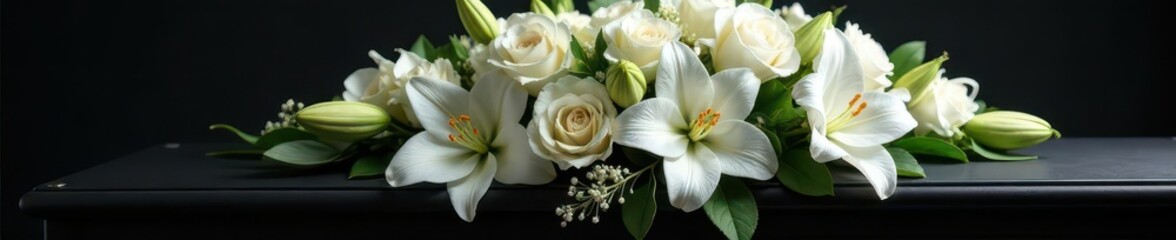 Obraz premium Delicate white roses and lilies cascade over a black casket , obituary, faith, roses