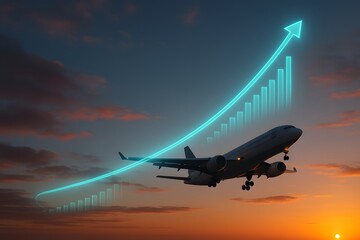 Modern aircraft taking off alongside an upward financial growth trend graph, symbolic visualization of booming airline industry, futuristic travel market advancement.