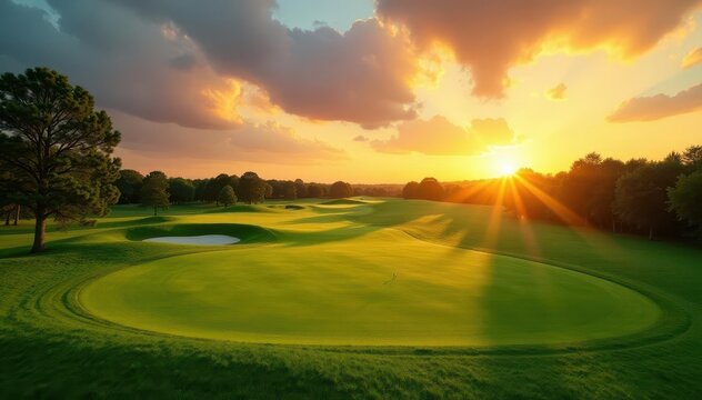 Golden hour light bathes a lush green golf course, fairways stretching to distant sunset , dramatic, recreation, fairway