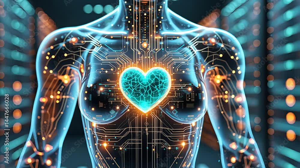 Poster futuristic humanoid figure with a glowing heart and intricate circuitry, set against a high-tech dig
