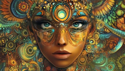 Ornate Golden Woman: Mystical Art Deco Portrait