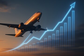 Commercial airplane taking off over rising digital financial growth chart, futuristic aviation industry success concept, dynamic business performance visualization.