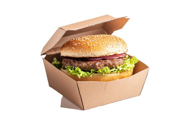 Promote eco friendly packaging with a craft brown burger box on a clean transparent white background