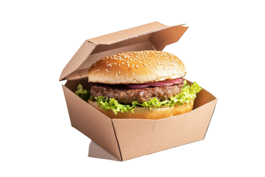 Promote eco friendly packaging with a craft brown burger box on a clean transparent white background