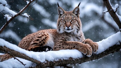 Obraz premium Lynx resting on snowy branch during winter snowfall