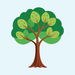 Stylized Cartoon Tree with Green Foliage and Brown Trunk on Blue Background