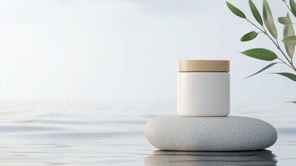 Minimalist Product Mockup on Stone with Water Reflection product mockup cream jar skincare zen spa