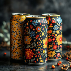 A set of three stacked beverage cans mockup with customizable labels on a dark surface