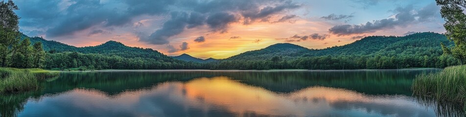 Fototapeta premium Serene Sunset Lake: Mountain Panorama in Peaceful Hues