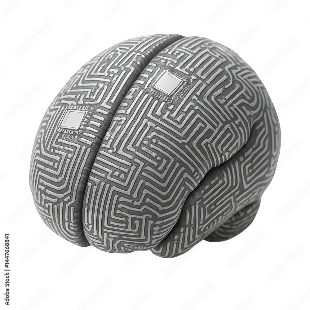 Poster metallic brain with detailed circuit board patterns, symbolizing the fusion of mind and machine tech