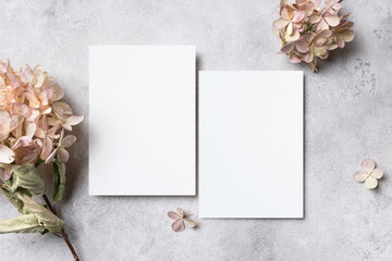 Blank wedding invitation two cards mockup, white cards with copy space for front and back sides...