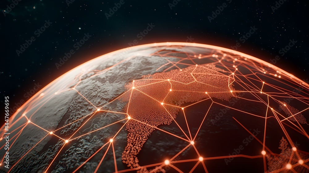 Poster the image shows a dark, stylized rendering of planet earth. a network of glowing orange lines and no