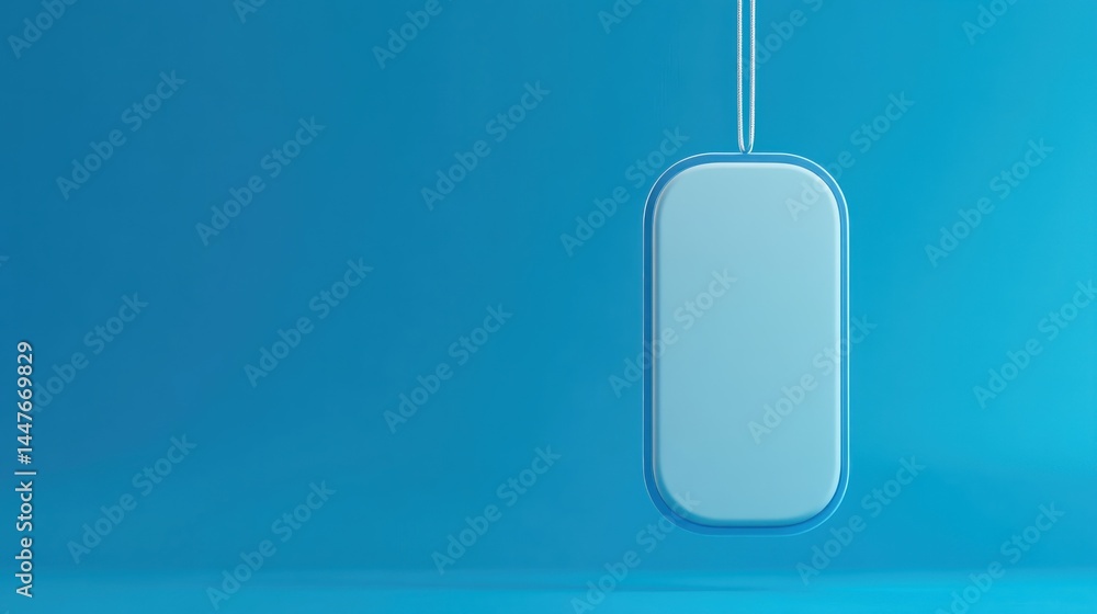 Poster a light-blue rectangular tag hangs from a string, against a gradient blue background