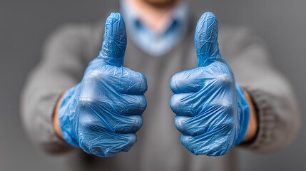 Thumbs Up in Blue Latex Gloves – Hygiene and Safety Concept