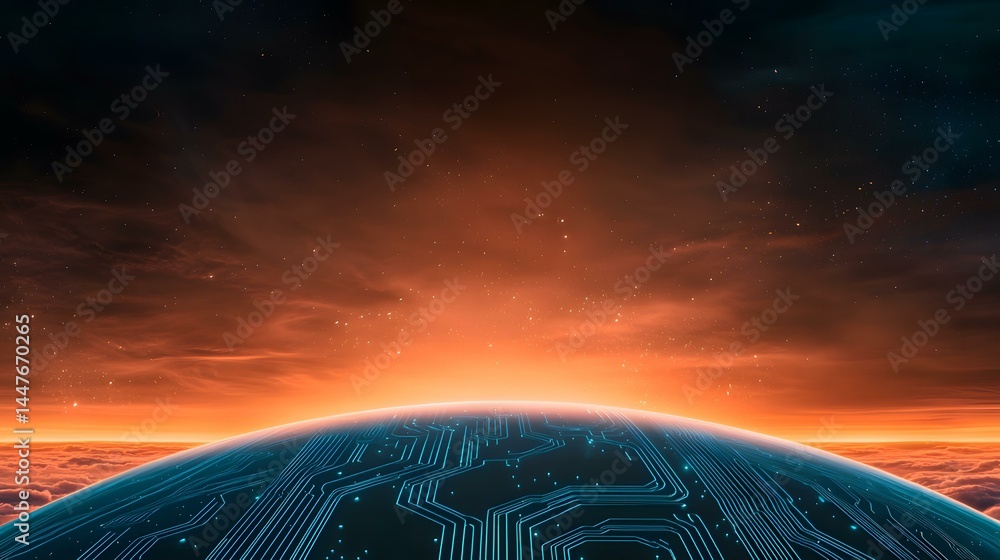 Poster a digital rendering depicts a planet-like sphere with a circuit board surface, set against a vibrant