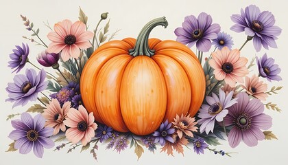Pumpkin and Flowers Illustration