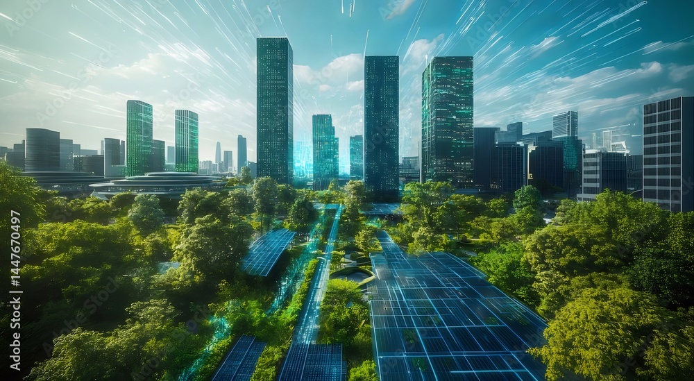 Poster 未来都市の緑豊かな都市景観 デジタル光と高層ビルが青空の下に広がる風景