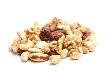 A close-up of mixed nuts including walnuts, cashews, pecans, Brazil nuts, and hazelnuts, piled on a white background, highlighting their textures