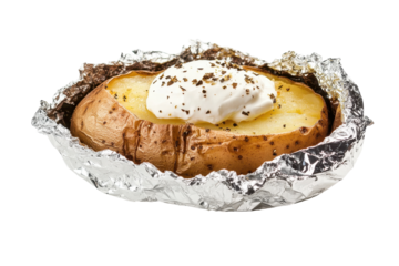 Hot baked potato in foil isolated on white background ideal for cooking websites or meal planners