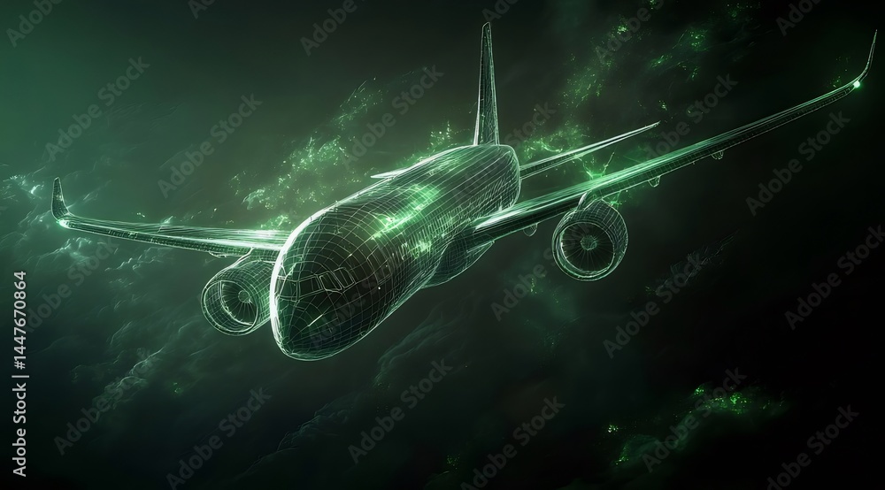 Poster 夜空を飛行する緑色の光の飛行機抽象的なデジタルアート作品