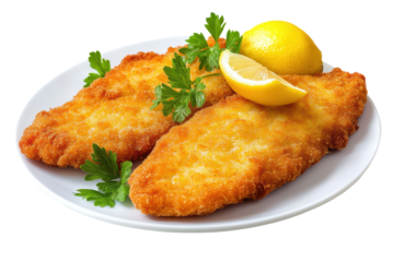 Tasty breaded Wiener Schnitzel on transparent background perfect for authentic Austrian cuisine design and packaging