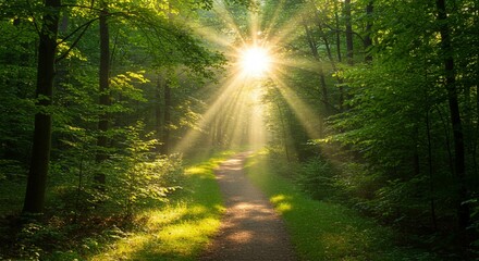 Fototapeta premium Sunlight Streaming Through Green Forest Trees Along Pathway