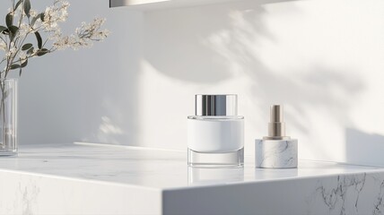 Modern Cosmetic Display with Marble and Floral Accents cosmetics perfume bottle white marble texture