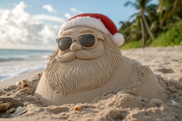 Obraz premium Sand sculpture of Santa wearing sunglasses and red hat on beach,