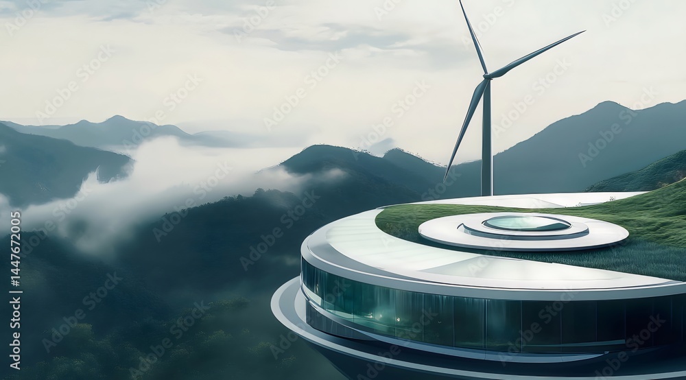 Aufkleber 緑豊かな山の風景と風力タービンの現代的な建物 屋外の青い空と雲 未来的なデザインと持続可能なエネルギーの概念