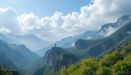 Obraz premium Mountain Landscape With Peaks and Greenery Under Cloudy Sky in the Afternoon