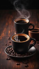 Fototapeta premium Steaming black coffee in simple cup; rich, dark tones , food photography, top view