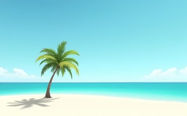 Fototapeta premium a peaceful tropical beach with one palm tree, clear turquoise water, soft white sand.