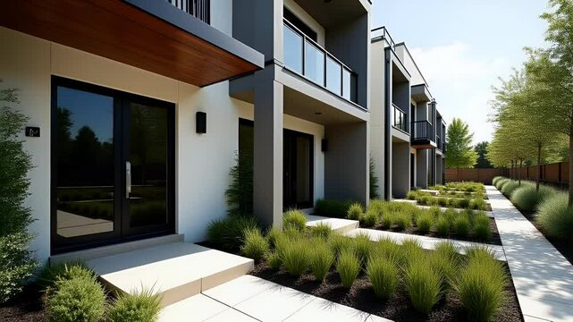 Modern Entrances of Newly Constructed Multi-Story Family Homes in a Suburban Area