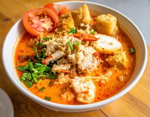 Spicy Curry Noodle Soup With Seafood In White Bowl On Wooden Table