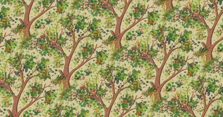 Watercolor pattern background  of a leafy tree with red berries on canvas texture. Natural, artistic background for textiles, packaging, and decor.