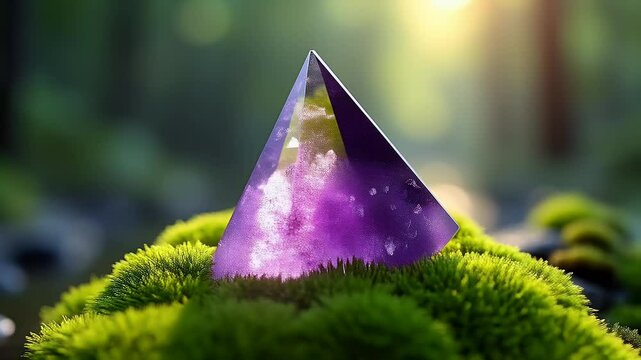 Detailed View of a Purple Quartz Crystal in a Pyramid Shape on Green Moss
