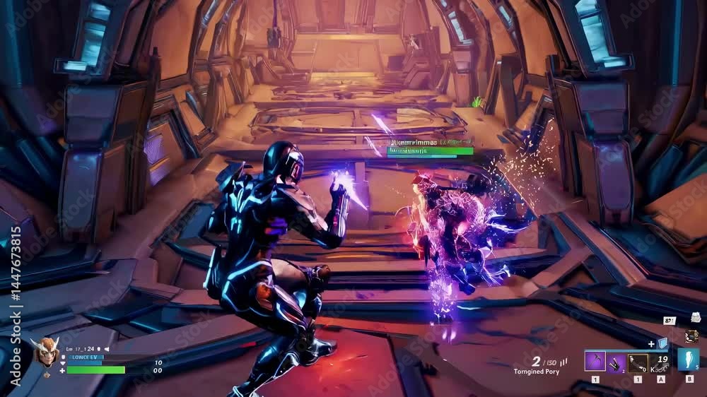 Poster futuristic video game scene with a third-person view of a character facing a glowing portal in a sci
