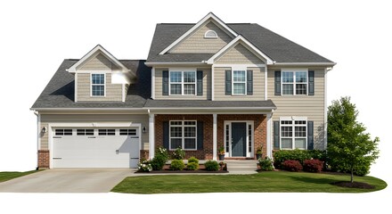 Large, traditional two-story suburban family home featuring beige vinyl siding, contrasting dark shutters, prominent gables, dormer windows, and attractive brick accents around the covered front porch