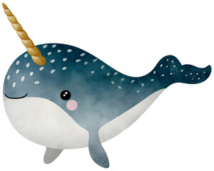 Watercolor illustration of a cute narwhal on a transparent background. © beyouenked