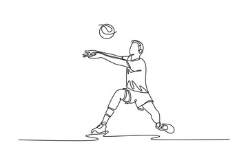 Obraz premium Continuous one line drawing sportsman playing volleyball in sports hall and receiving ball with bump pass. Male player training hard with his team. Single line draw design vector graphic illustration