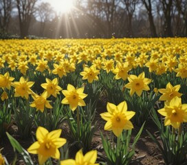 Obraz premium Sunlit field of vibrant yellow daffodils in full bloom, petals glistening , texture, day